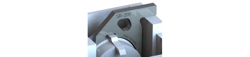 Main spindle/sub spindle blocking system for change/adjustment of collet in Swiss-type lathes